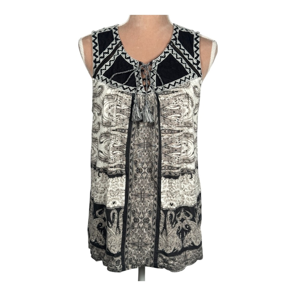 Lucky Brand Womens Large Top Black Cream Sleevless Tassels Boho Fall Neutral